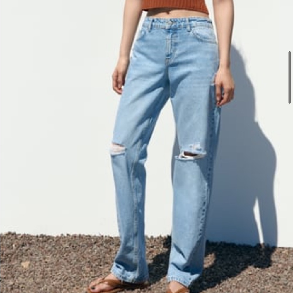 Zara Mid Rise Ripped Straight Leg Jeans